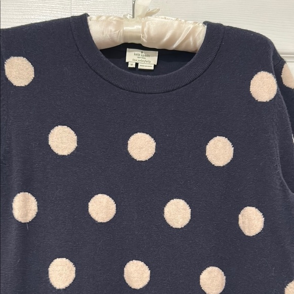 Kate Spade Womens  Sweater M Polka Dot Navy Cream Cashmere Blend Short Sleeve - Picture 2 of 9